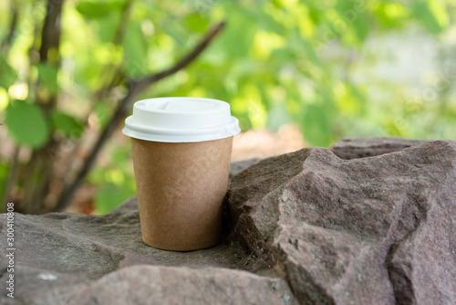 Disposable paper cup on a background of nature on the stones.