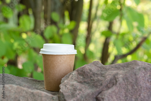 Disposable paper cup on a background of nature on the stones.