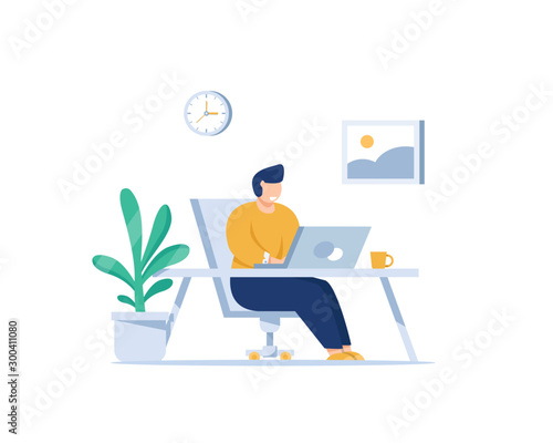 Handsome man is working at his laptop,Modern office interior with work process icons