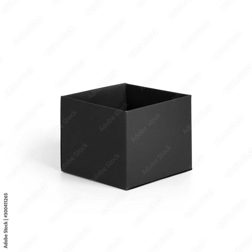 Small black jewelry opened paper box isolated on white background. Packaging template mockup collection. Half Side view package Small black jewelry opened paper box isolated on white background. Packaging template mockup collection. Half Side view package