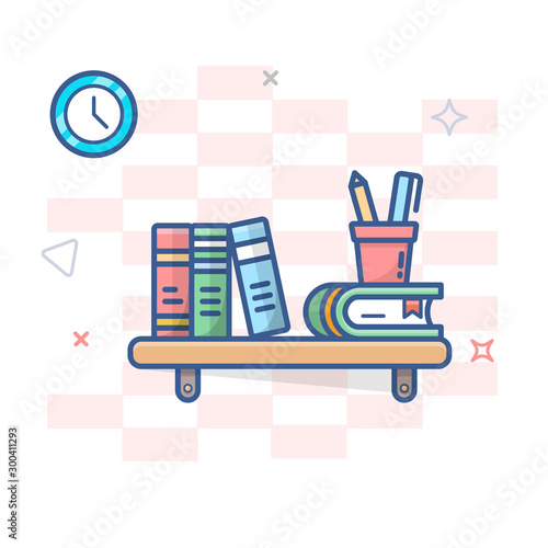 Wooden shelve with books. Bookshelf outline illustration. Wall bookcase line vector concept.