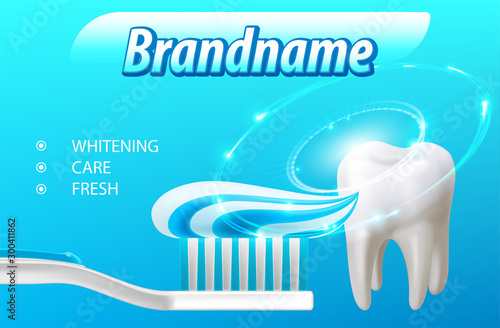 Whitening toothpaste poster concept. Tooth before and after whitening treatment. Graphic concept for your design. Vector Illustration