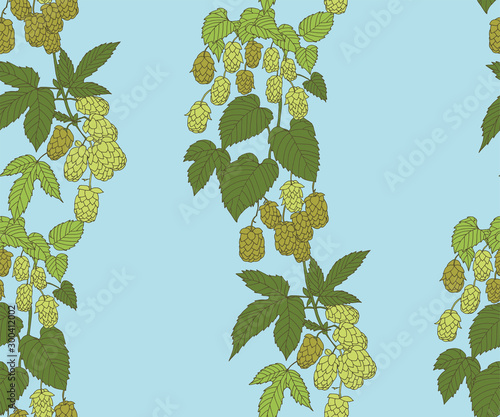 Hand drawn hop branch decorative background. Ethnic seamless pattern ornament. Vector pattern