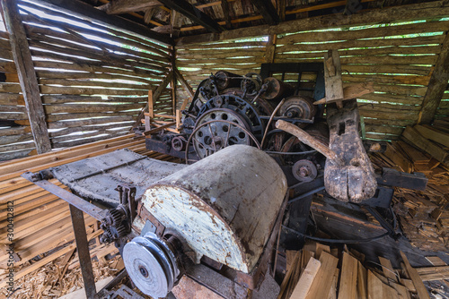 Historic carpenter workshop in Oas County heritage park in Negresti-Oas, Romania