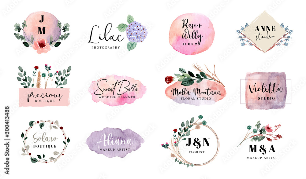 premade logo floral and brush stroke collection - obrazy, fototapety, plakaty 