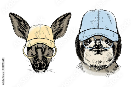 Sloth and fallow deer in hat and glasses. Modern sketch kit in color on white background