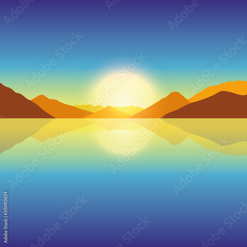 romantic sunset on autumn mountain and ocean landscape vector illustration EPS10