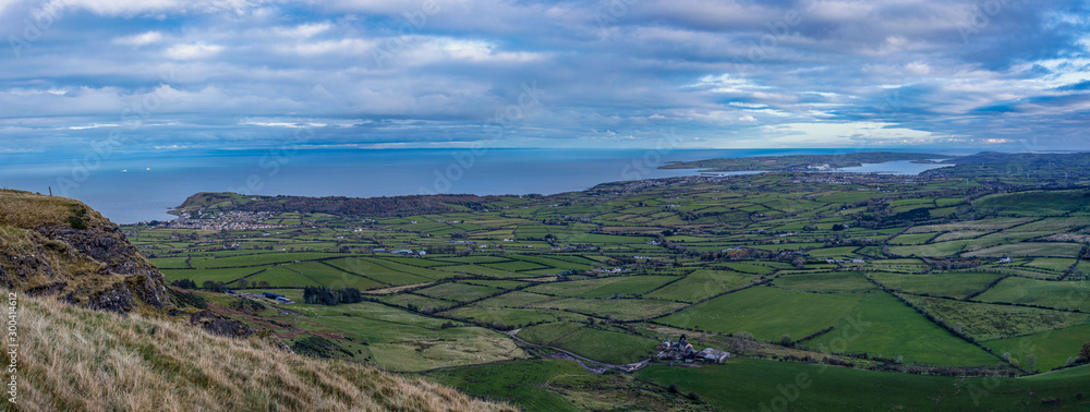 Panoramic view of Ballygalley and Larne, Islandmagee and Larne Lough, viewed from Sallagh Braes, Causeway coastal route, County Antrim, Northern Ireland