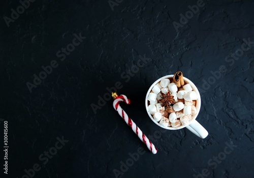 Christmas Hot chocolate with marshmallows, Christmas toy peppermint candy cane at mug, copy space.