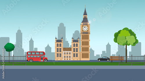  Vector illustration of Big Ben. Park on the background of Big Ben. Red Bus, Park, London