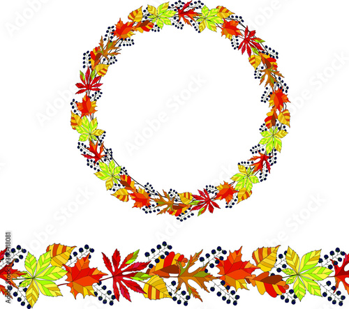 Set of brush and garland of  autumn different  leaves 