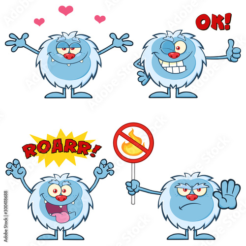 Cute Yeti Cartoon Mascot Character Set 3. Vector Collection Isolated On White Background