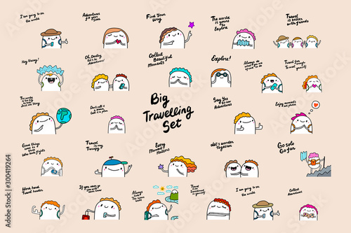 Big tavelling set hand drawn vector illustration in cartoon comic style people with backpacks baggage friends