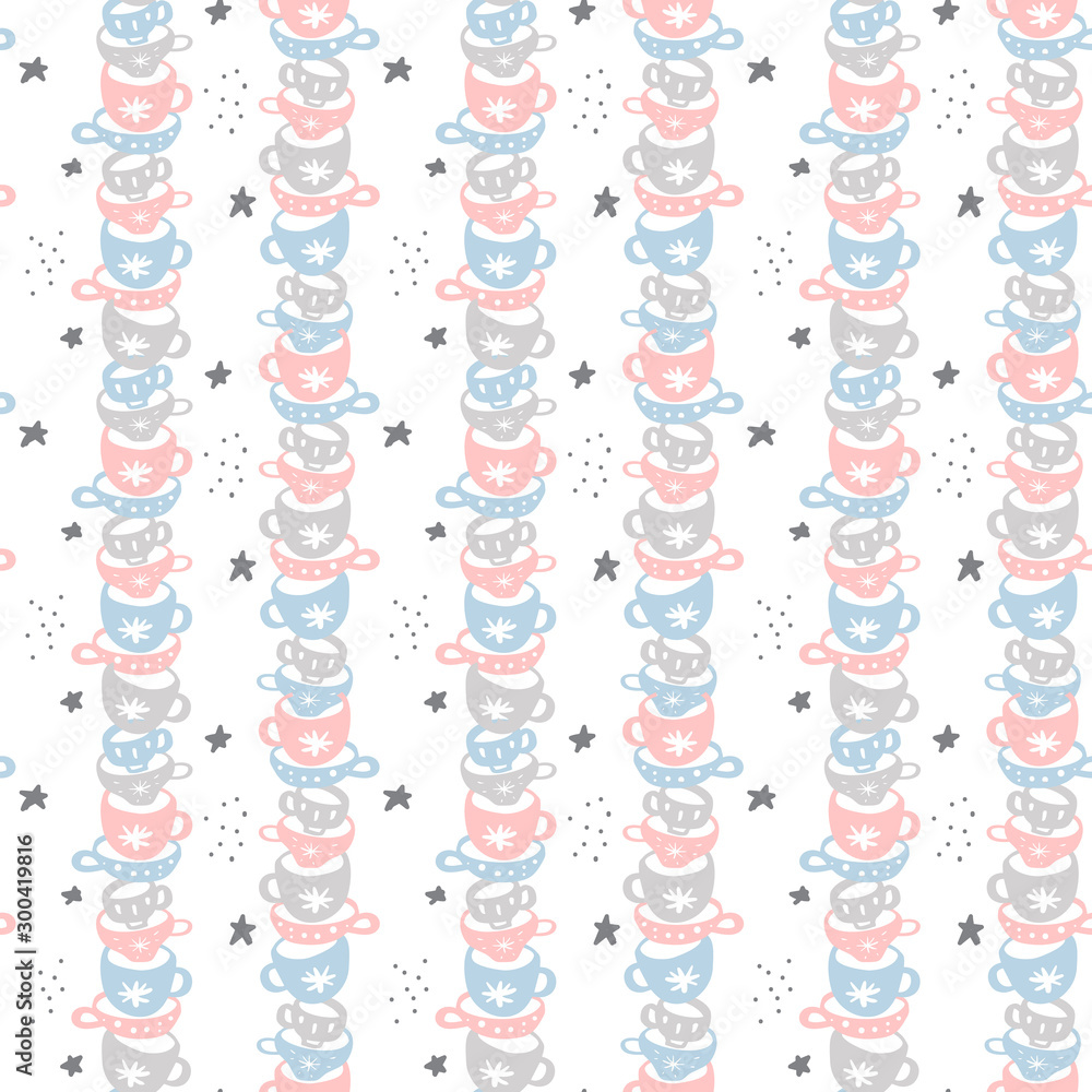 Fototapeta premium Cartoon scandinavian seamless pattern with cups. Pastel multicolors. Vector illustration can be used for wallpaper, textile, web page background