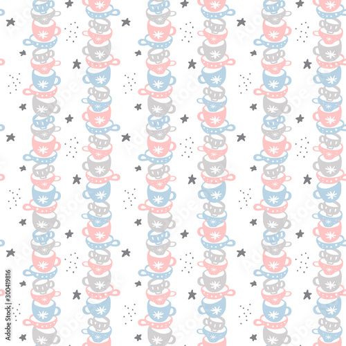 Cartoon scandinavian seamless pattern with cups. Pastel multicolors. Vector illustration can be used for wallpaper  textile  web page background