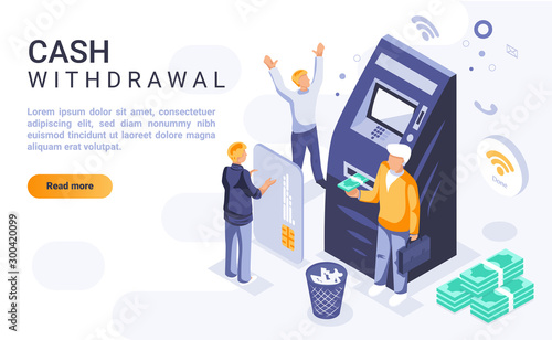 Cash withdrawal landing page vector template with isometric illustration. Money operations and financial transactions homepage interface layout with isometry. Banking service 3d webpage design idea