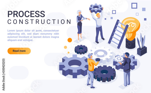 Process construction landing page vector template with isometric illustration. Brainstorming and idea generation homepage interface layout with isometry. Team building 3d webpage design