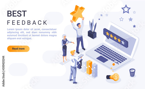 Best feedback landing page vector template with isometric illustration. Customer satisfaction rating homepage interface layout with isometry. Service quality evaluation 3d webpage design