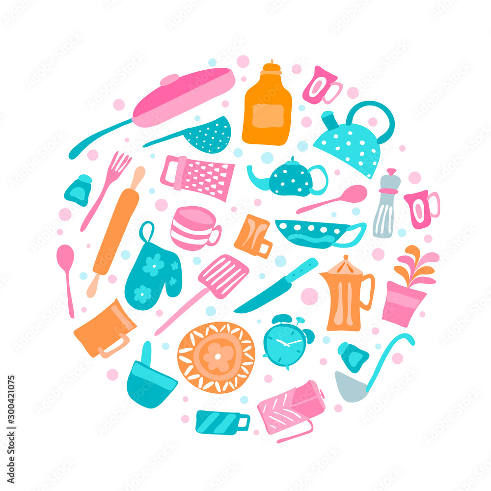 Set of vector silhouette kitchen utensils and collection of cookware icons in round, cooking tools and kitchenware equipment