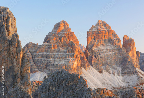 Tre Cime (Three Peaks) di Lavaredo (Drei Zinnen) , are three of the most famous peaks of the Dolomites, in the Sesto Dolomites, Italy, Europe