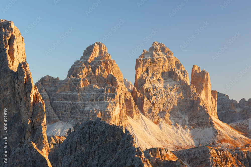 Tre Cime (Three Peaks) di Lavaredo (Drei Zinnen) , are three of the most famous peaks of the Dolomites, in the Sesto Dolomites, Italy, Europe