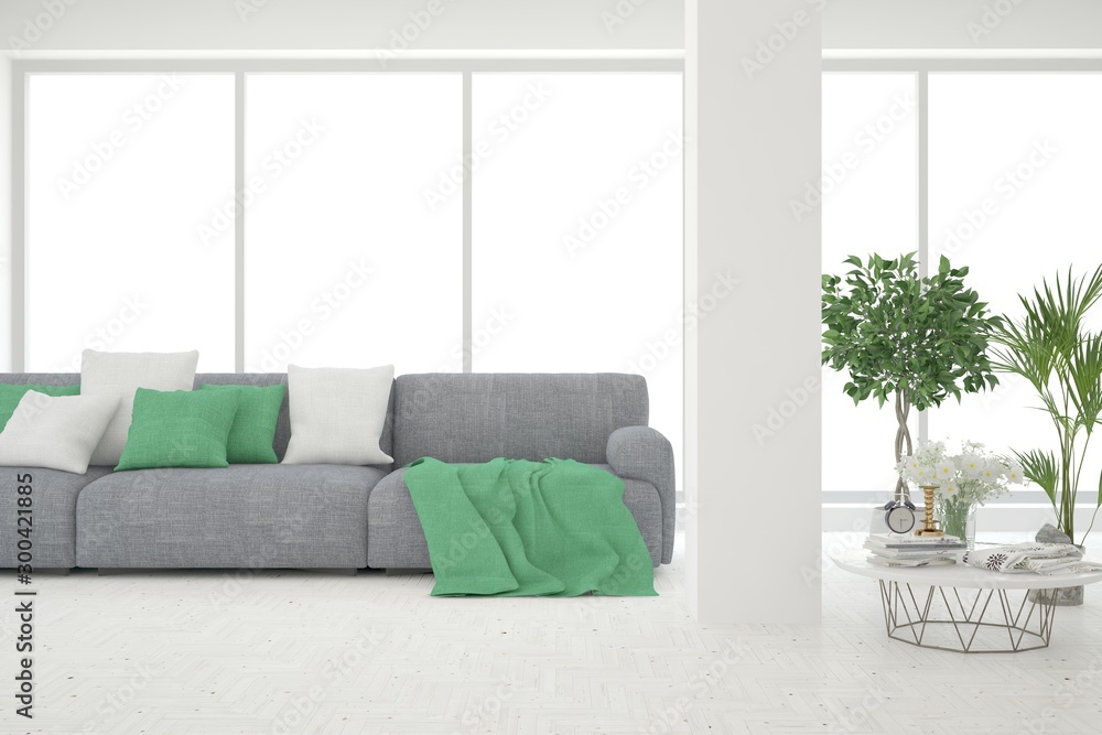 Fototapeta premium Stylish room in white color with sofa. Scandinavian interior design. 3D illustration