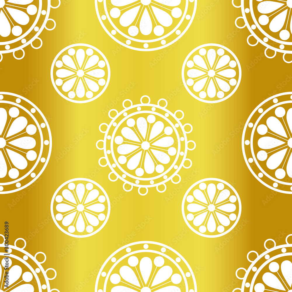 Geometrical White Circles and Stars on a golden background Seamless Pattern, for Celebration, Christmas, Party, 