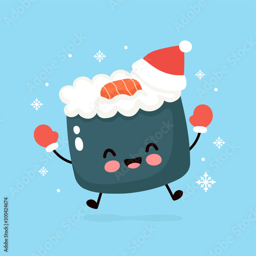 Cute smiling happy sushi in christmas hat
