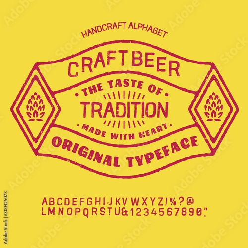" beer " typeface. Vector hand crafted font in medieval style with hops. Good for posters, alcohol label and festival invitation.Letters and numbers.Vector illustration.