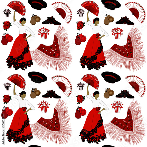 Seamless pattern.Flamenco dancer in traditional spanish costume with different flamenco attributes.