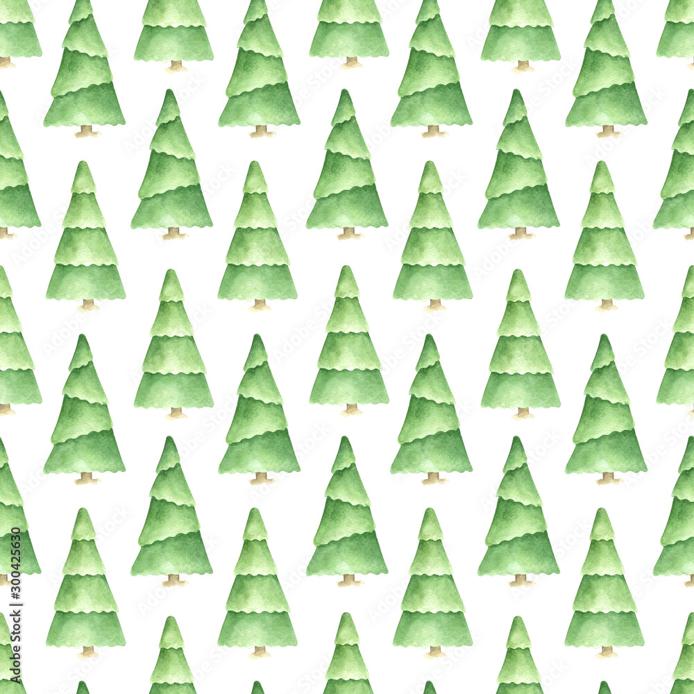 Seamless winter pattern. Christmas watercolor design. Hand drawn pine trees. Cartoon character. Seamless winter pattern. Christmas watercolor design. Hand drawn pine trees. Cartoon character.