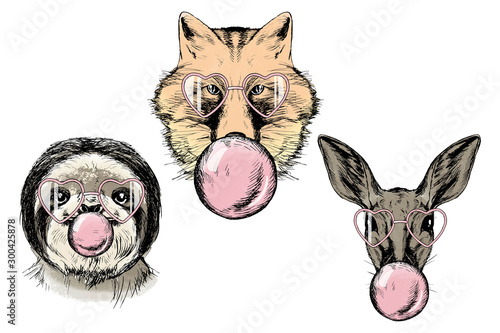 Fox, sloth and fallow deer in pink hearts- glasses and bubble. Modern sketch kit in color on white background