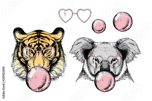 Tiger and koala in pink hearts- glasses and bubble. Modern sketch kit in color on white background