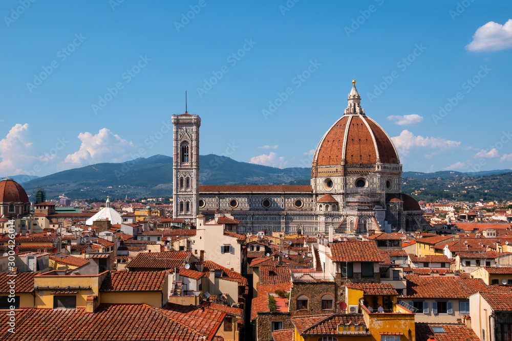 Cathedral of Santa Maria del Fiore and Giotto's Bell Tower. Florence, Italy. View from the tower of the Palazzo Vecchio.