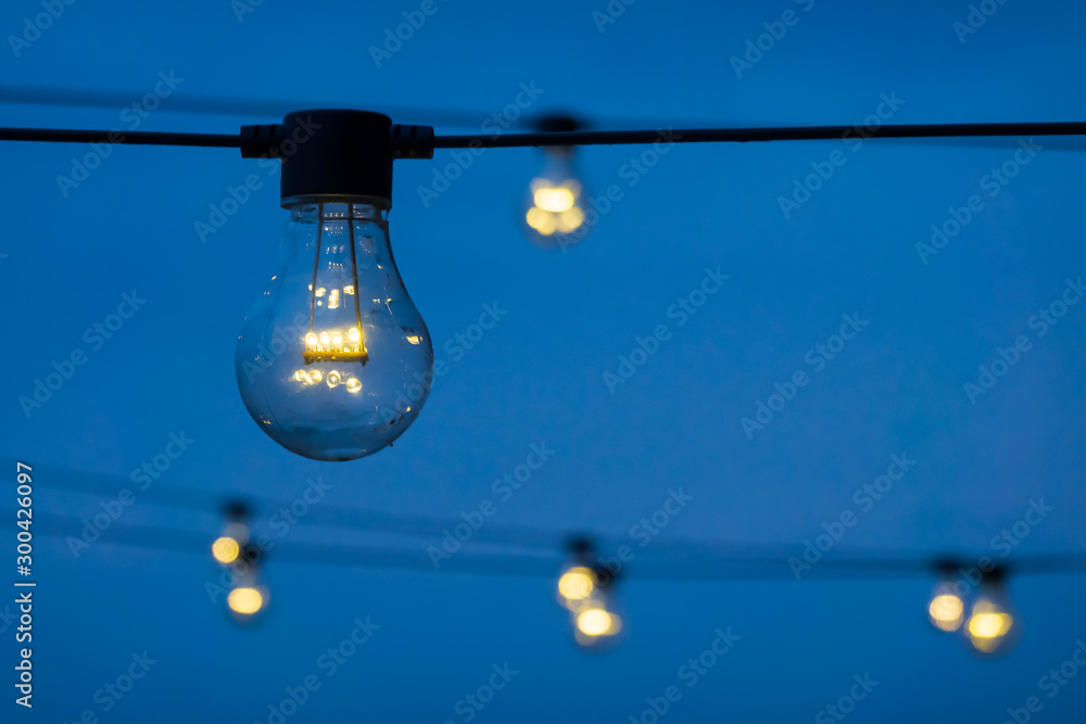 Several electric glass lamps shine in a garland against the evening blue sky. There are horizontal wires. Background.