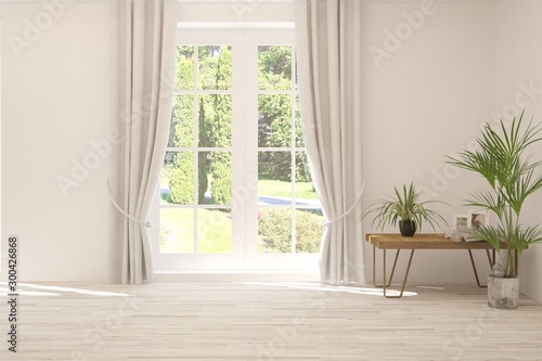 Stylish empty room in white color with summer landscape in window. Scandinavian interior design. 3D illustration