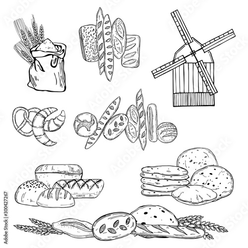 Hand drawn windmill and wheat flour. Vector sketch  illustration.