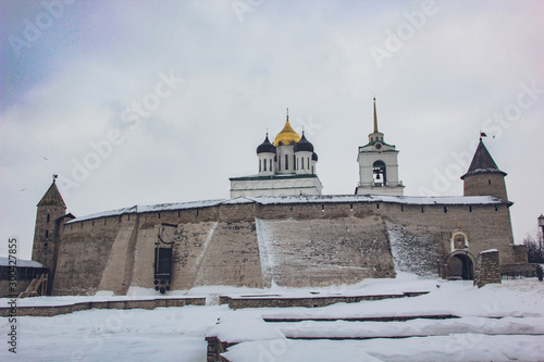 Ancient walls of the Pskov Kremlin. Russia. January 2019