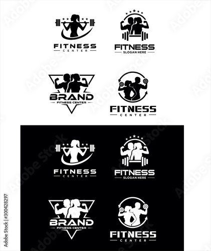 Set Of Fitness Center Logo silhouette . Sport and fitness logo Design . Gym Logo Icon Design Vector Stock