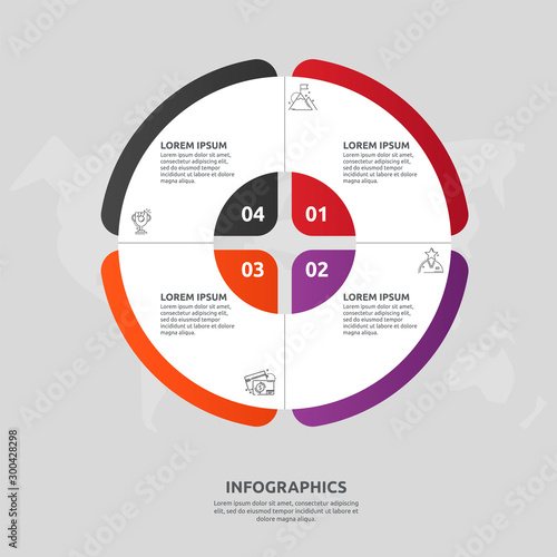 Vector flat template circle and sector infographics. Business concept with 4 sectors. Four steps for content, flowchart, timeline, levels, marketing, presentation, graph, diagrams, slideshow