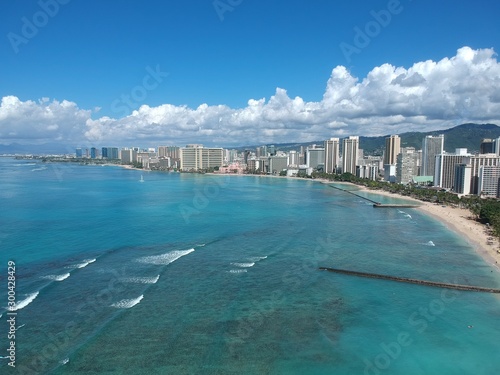 Panorama aerial view of Waikiki beach Hawaii USA white sandy beach turquoise blue waters luxury hotels and resorts 