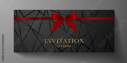 Luxurious VIP Invitation template with red bow, ribbon on black background and silver text. Premium class design for Gift certificate, Voucher, Gift card 