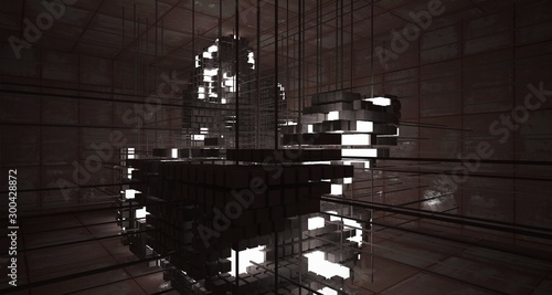 Abstract architectural concrete and rusted metal interior from an array of white cubes with neon lighting. 3D illustration and rendering.