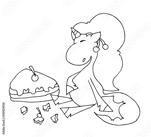 Cute fabulous unicorn with outlined for coloring book isolated on a white background. Unicorns overeaten with a cake and sits next to a piece of cake.