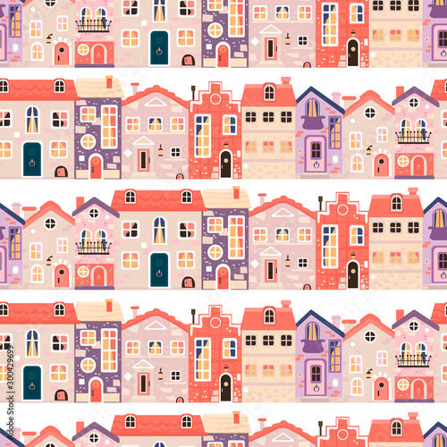 Simple pattern with vintage houses, old streets, urban landscape.