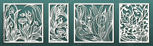 Laser cut panel template, anstract floral pattern. Stencil for wood or metal cutting, carving, paper art, fretwork.