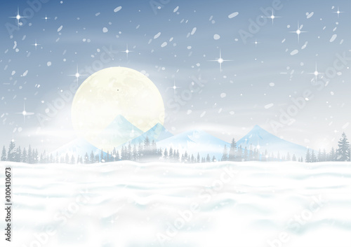 Christmas night scene with snowdrifts, blizzard, firs and pine tree forest, Winter landscape with storm, windy and heavy snowfall with full moon background.