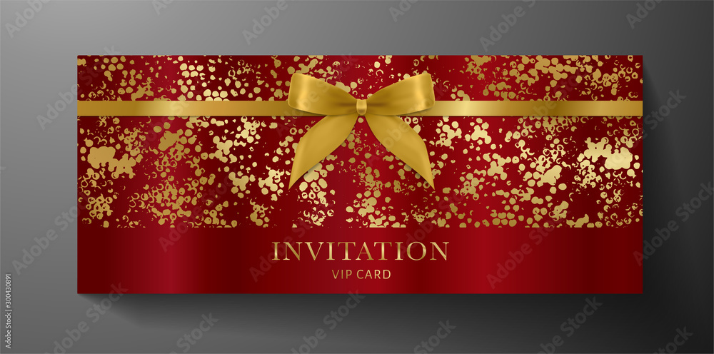 Luxurious VIP Invitation template with gold bow, ribbon on maroon textured background. Premium class design for Gift certificate, Voucher, Gift card 