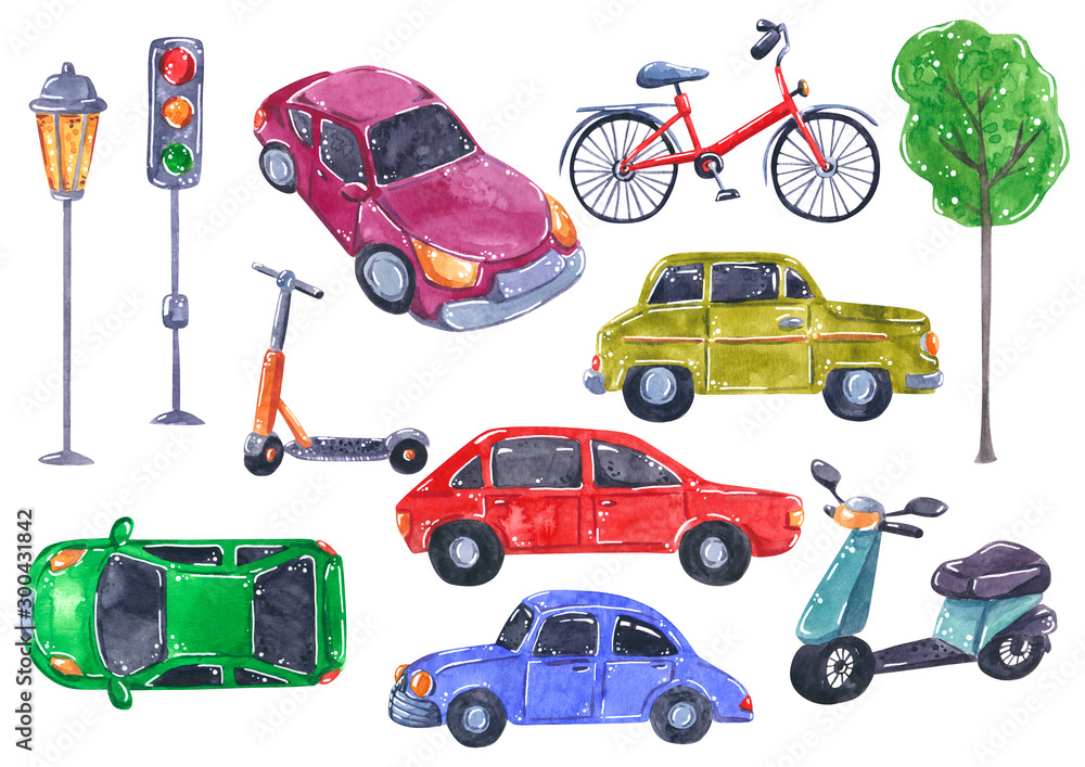 Naklejka premium Set of transport items, cars, bicycle, scooter, hand drawn watercolor illustration isolated on white.