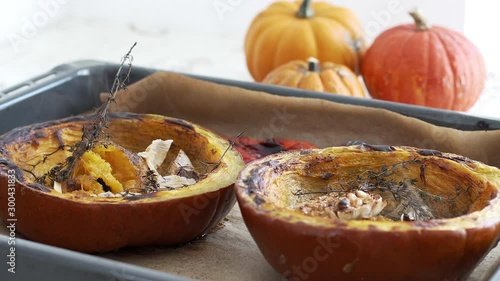 Freshly baked pumking and steam rises above photo